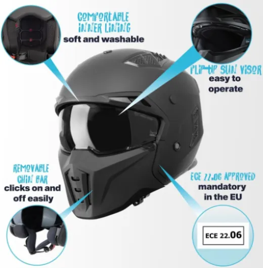 VINZ Kioto Casque Jet / Casque Streetfighter - Homologué ECE 22.06 - Casque de Scooter avec visière Solaire / Pare-Soleil - Casque Jet avec mentonnière Amovible Noir Mat Shuto M (57 - 58 cm)