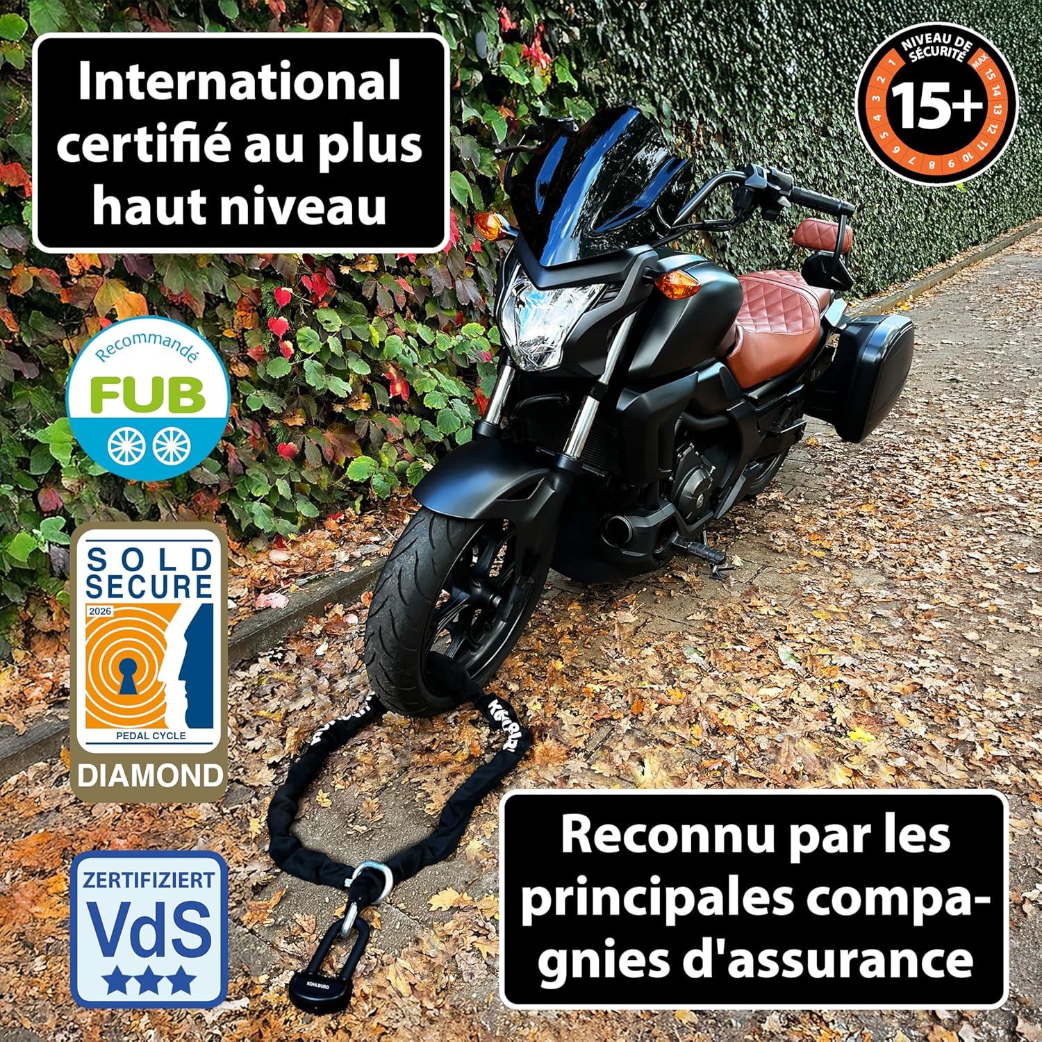 KOHLBURG chaîne antivol massive pour moto 8 kg, 210 cm de long avec notre niveau de sécurité le plus élevé 15+ sur 15 – chaîne en acier de 13 mm très robuste comme antivol pour moto, scooter et e-bike