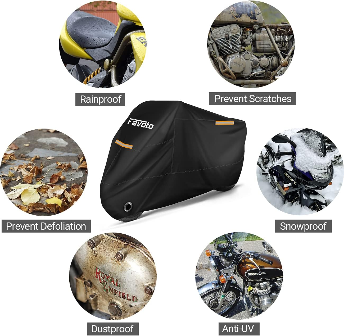 Housse Protection pour Moto Couverture Polyester 210T Résistant aux déjections d'oiseaux, à l'eau, à la Poussière/Neige/Pluie, au Vent, Soleil pour Moto Scooter Custom, 265x105x125cm XXXL Noir 265x105x125cm