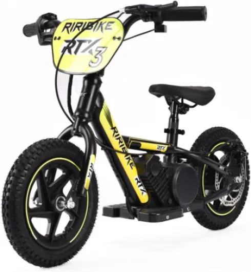 Draisienne électrique pour Enfants RIRIBIKE RTX3 24V (12"), Jaune, Batterie au Lithium, Moteur 100W, Frein à Disque, Siège PU Souple réglable