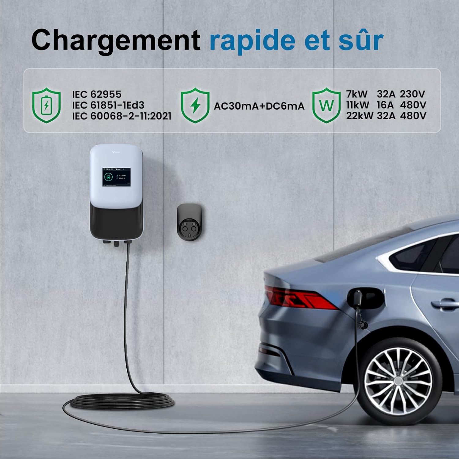 Borne de Recharge 22kW 8A-32A Wallbox pour véhicules électriques 480V Triphasé OCPP avec câble de 5m avec Carte RFID IP65 IK10 Protection APP Wi-FI Contrôle Chargement Programmé 22kW - WIFI - OCPP - LCD