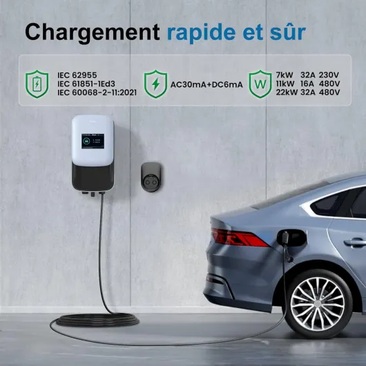 Borne de Recharge 22kW 8A-32A Wallbox pour véhicules électriques 480V Triphasé OCPP avec câble de 5m avec Carte RFID IP65 IK10 Protection APP Wi-FI Contrôle Chargement Programmé 22kW - WIFI - OCPP - LCD