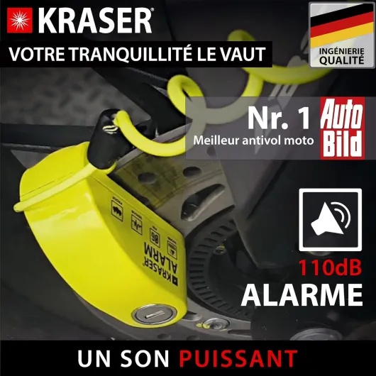 KR6Y Antivol Moto, Bloque Disque Alarme 110db, Renforcé, 3 clés (2 autres) Serrure Haute Sécurité, Étanche, Câble Rappel 1.5m, Sac, Piles Rechange, Bloc Frein 6mm Universel Moto Scooter Vélo Jaune