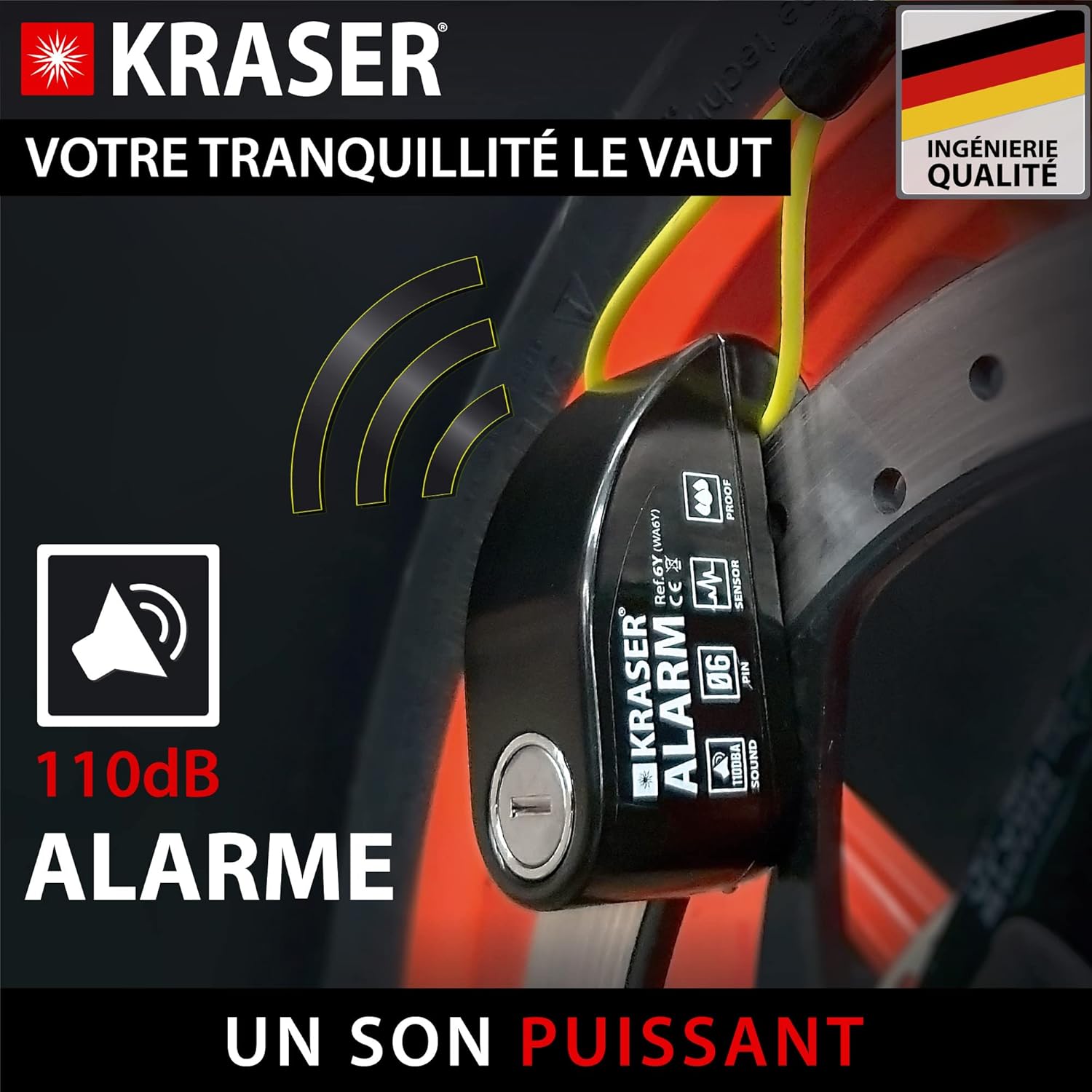 6Y Antivol Moto, Bloque Disque Alarme 110db, Renforcé, 3 clés (2 autres) Serrure Haute Sécurité, Étanche, Câble Rappel 1.5m, Sac, Piles Rechange, Bloc Frein 6mm Universel Moto Scooter Vélo Noir