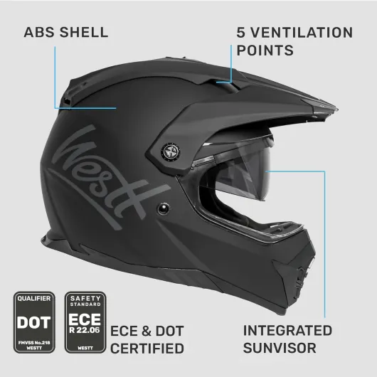 Casque Moto Homologué ECE 22.06, Casque Moto Cross pour Homme Femme - Casque enduro avec visière et écran solaire, Coque robuste en ABS, doublure lavable, Idéal pour l'enduro, la ville et le VTT M (57-58 cm) Noir mat