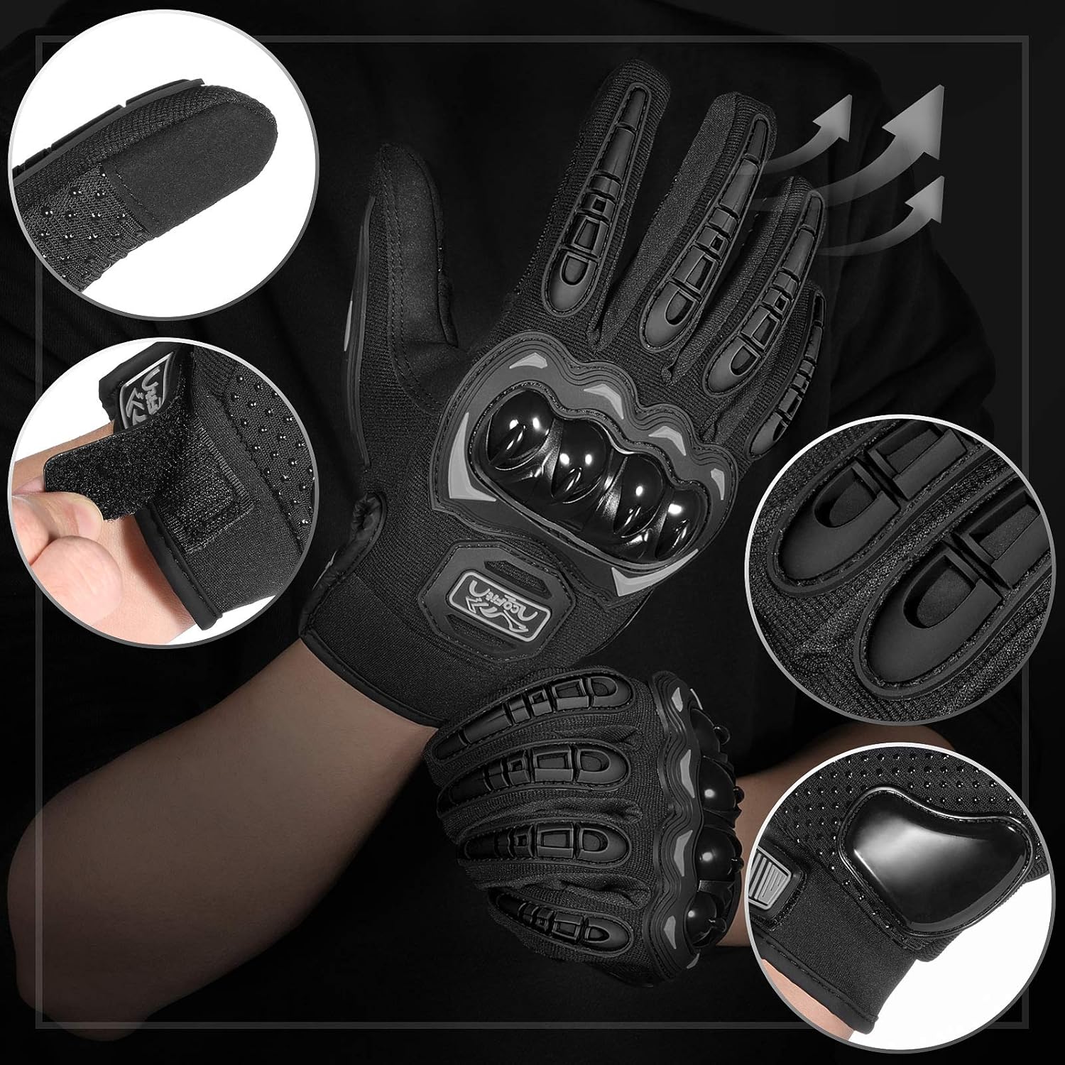 Gants de Moto, Gants à Écran Tactile Plein Doigt pour la Course de Moto, VTT, Escalade, Chasse, Motocross et Autres Sports de Plein Air L Noir