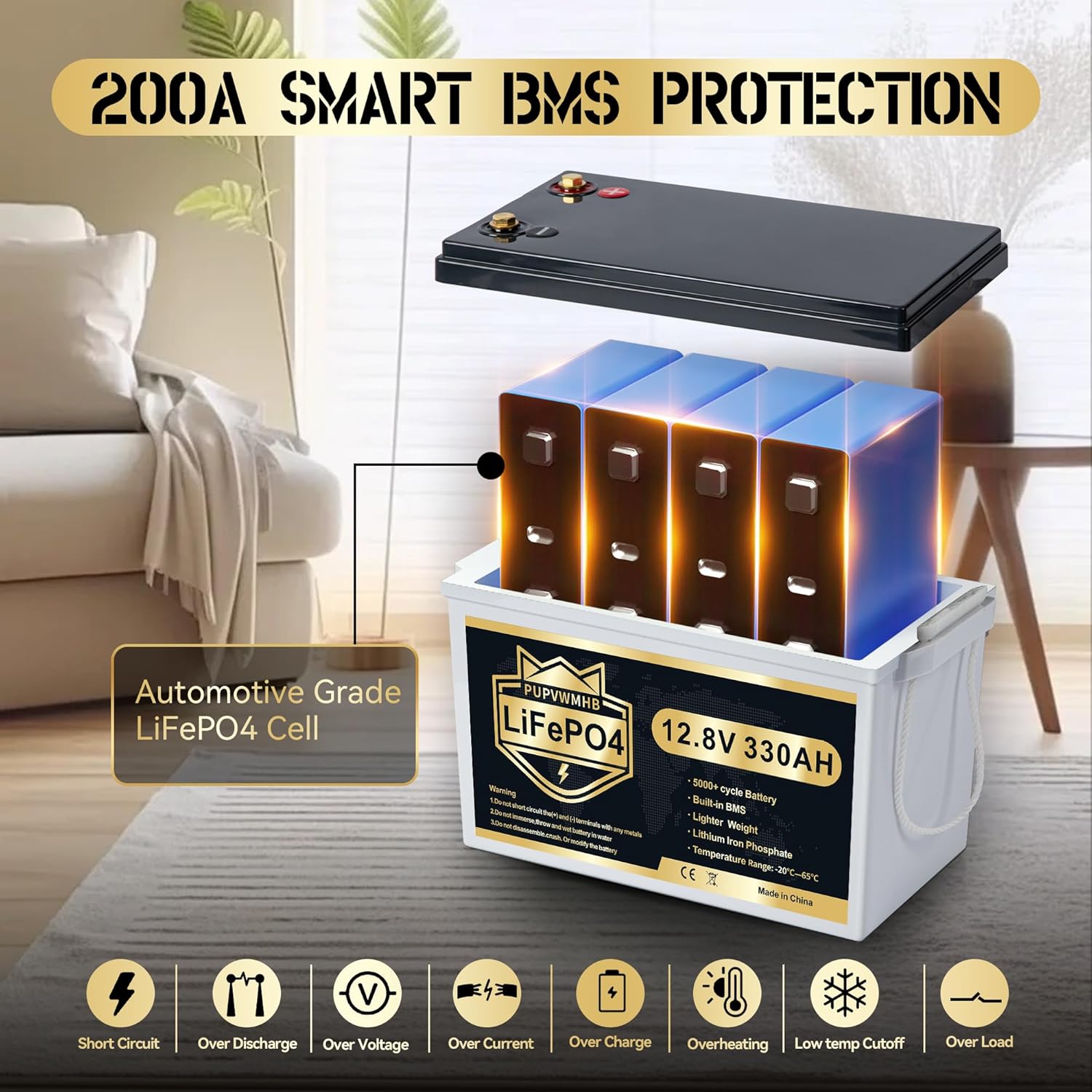 12V 330Ah MINI LiFePO4 Lithium Battery, Bluetooth Lithium Battery, 200A BMS, Up to 15000 Cycles, Max 4224Wh Energy Low Temp Cut Off, Perfect for RV, Sun, Trolling Motor 12V330AH