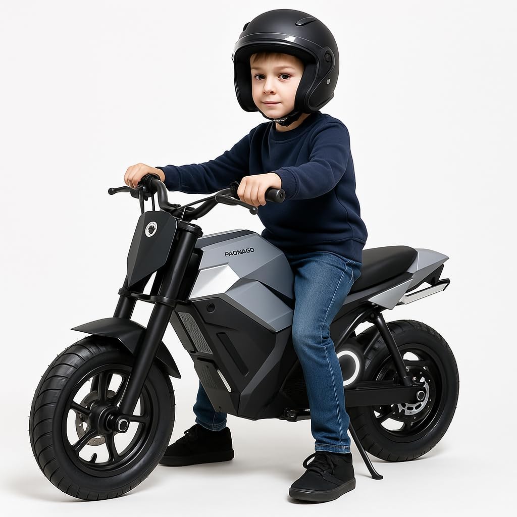 Moto électrique pour enfants de 8 à 10 ans avec moteur 250/350 W, 3 vitesses 8/13/16 km/h, autonomie 15 km, pneus 12,5", sons réels et effet brouillard