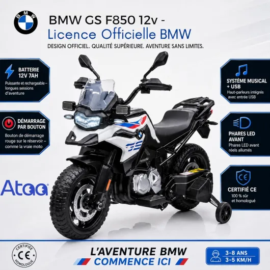 ATAA Moto électrique pour Enfant BMW GS F850 12v Blanche – avec LED et Musique