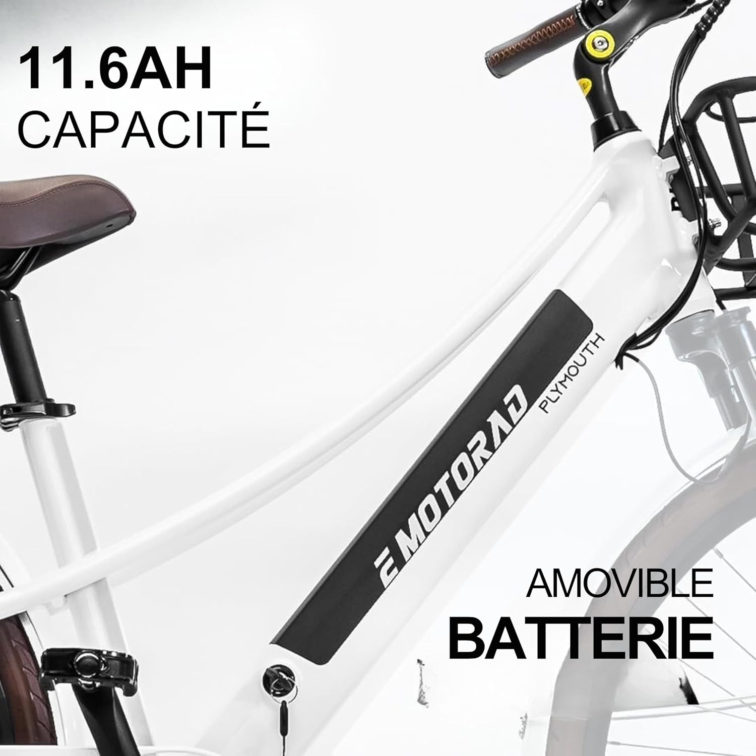 EMotorad Plymouth - Vélo Électrique Urbain pour Adultes - Pneus CST 700x40C - Moteur 36V 250W - Batterie Amovible 420 Wh - Cadre Bas en Aluminium - 5 Niveaux d’Assistance Blanc
