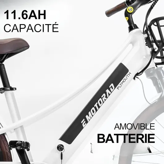 EMotorad Plymouth - Vélo Électrique Urbain pour Adultes - Pneus CST 700x40C - Moteur 36V 250W - Batterie Amovible 420 Wh - Cadre Bas en Aluminium - 5 Niveaux d’Assistance Blanc