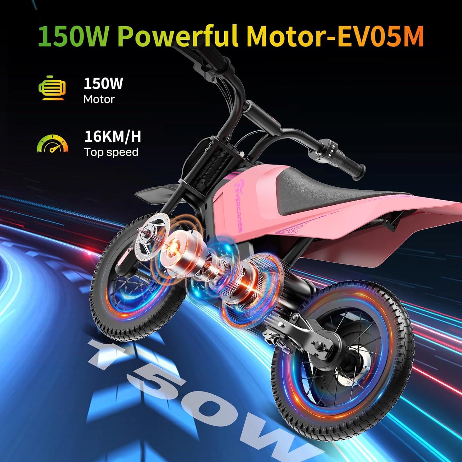 EV05M Moto Electrique pour Enfants, 150W Moto Electrique, Mode de Vitesse 8/16km/h et 15km de Distance, 12 Pouces Motocross pour Enfants 3-12 Ans 05m Rose