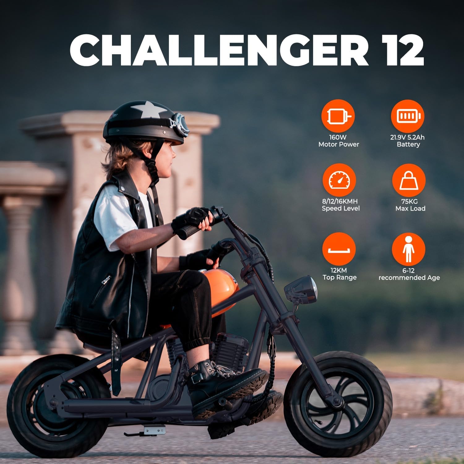 HYPER GOGO Challenger 12 Motocross Électrique pour Enfants, Moto Électrique avec Moteur 160W, Modes de Vitesse de 8/12/16 KMH, Autonomie de 16KM pour Les Enfants 6-12 Ans (Noir)