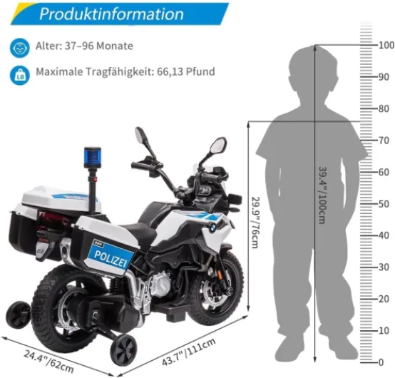 Moto électrique enfant 12V police sous licence voiture de élégant – 2 moteurs, 2 vitesses jusqu'à 6km/h – pneus EVA, suspension – LED, MP3, coffres de rangement, roues stabilisatrices – alimenter 30kg Police Car Color