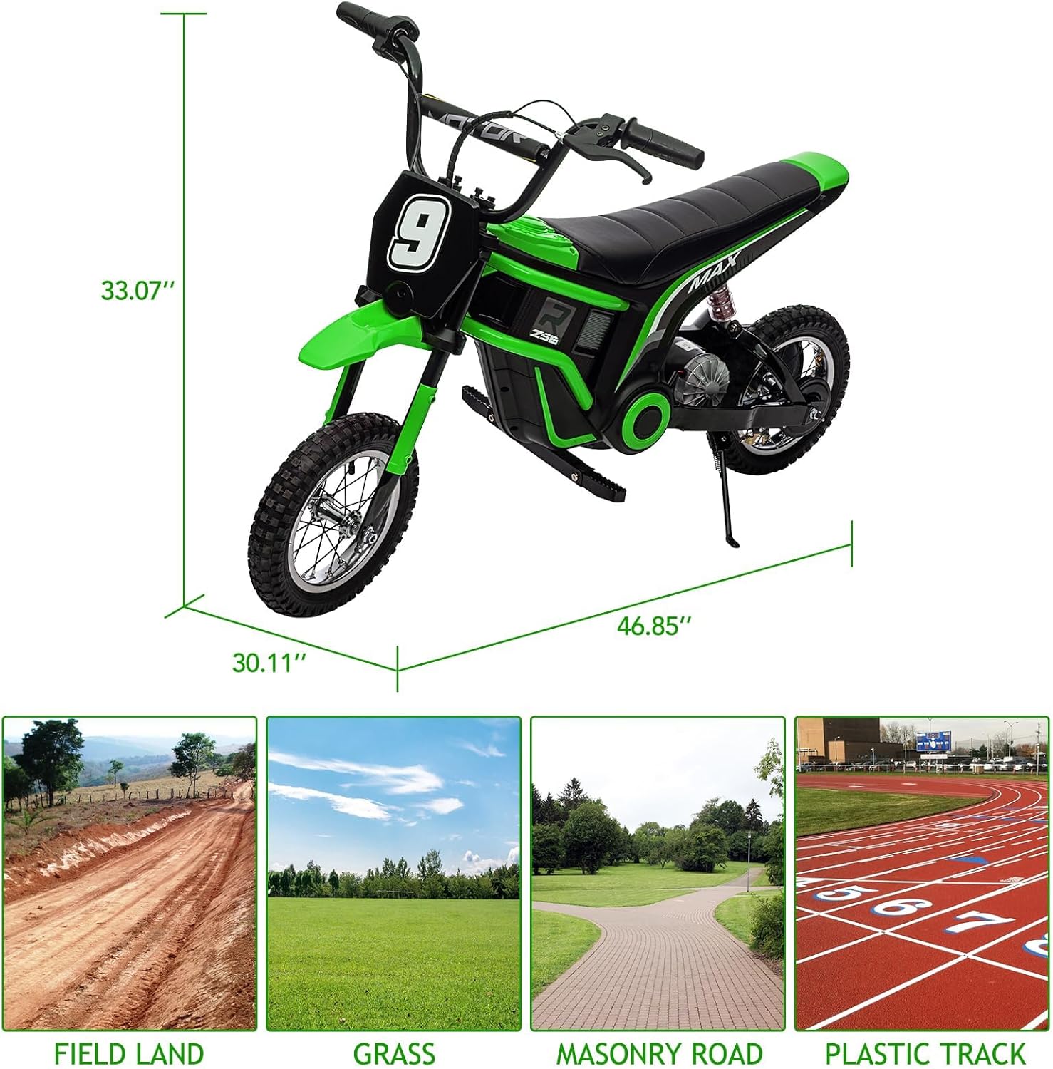 Moto Électrique Enfants 24V 350W, Moto Cross 3 Vitesses (8/12/23 Km/h), Cadre Renforcé, Suspension Amortie, Poids Max 60 kg, Adapté Aux Enfants 8-12 Ans Vert No - 9