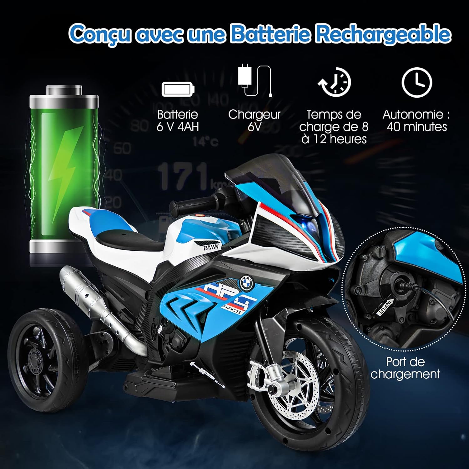 Moto Électrique pour Enfants avec Pédale, à Pousser, Siège Confortable, Port USB/AUX, 3 Roues, Vitesse 3 KM/H, Charge Max 30 KG, pour 3-8 Ans (Bleu)