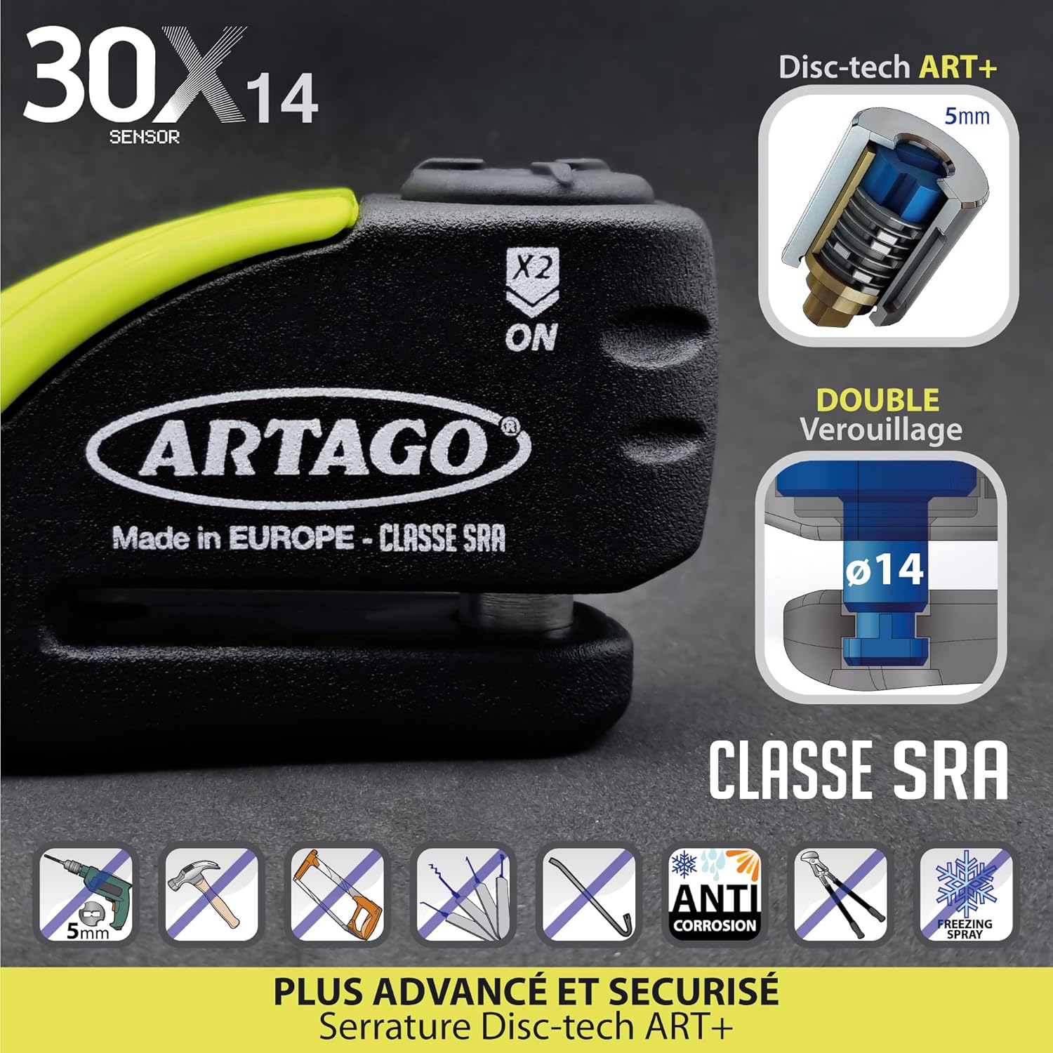 30X14 Antivol Moto Haut de Gamme, Bloque Disque avec Alarme Intelligente Don't Touch 120dB LED, Homologué SRA & Sold Secure Gold, Blindage Anti-Perçage 5mm, Bloc Endurci Double Verrouillage Ø14 14 mm