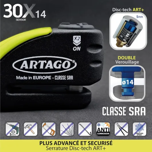 30X14 Antivol Moto Haut de Gamme, Bloque Disque avec Alarme Intelligente Don't Touch 120dB LED, Homologué SRA & Sold Secure Gold, Blindage Anti-Perçage 5mm, Bloc Endurci Double Verrouillage Ø14 14 mm