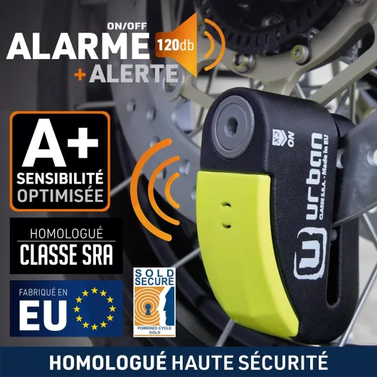 999 Antivol Moto Homologué SRA, Bloque Disque avec Alarme Intelligente - 120dB, LED, Warning, Sensibilité A+, X2 ON - Serrure Haute Sécurité, Bloc Double Verrouillage ø14mm, Acier Endurci 14 mm Acier trempé