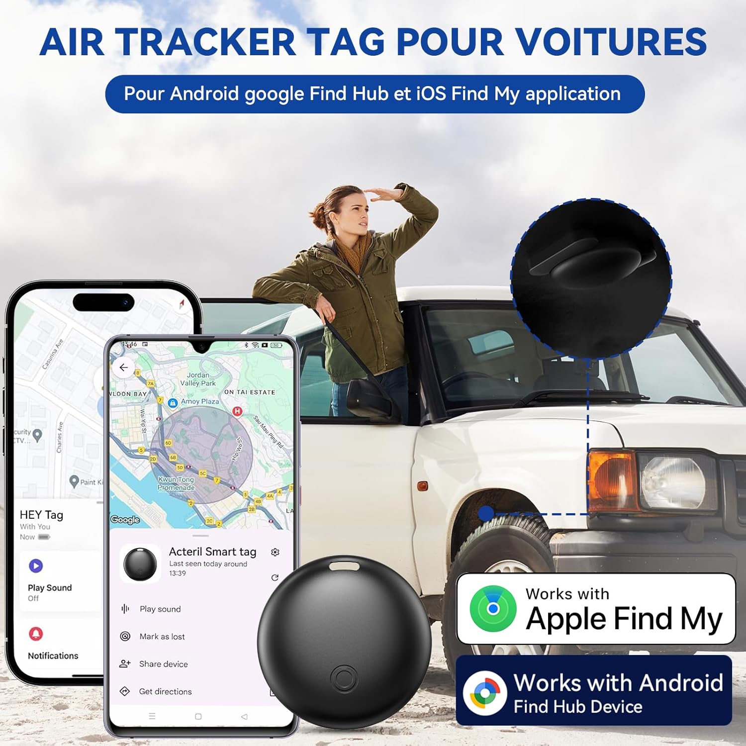 Traceur GPS Voiture, Car GPS Tracker pour Android y iOS, Magnétique Tracker de Voiture sans Abonnement, Invisible Bluetooth Smart Tag pour Moto/Wagons/Vélo (Noir)