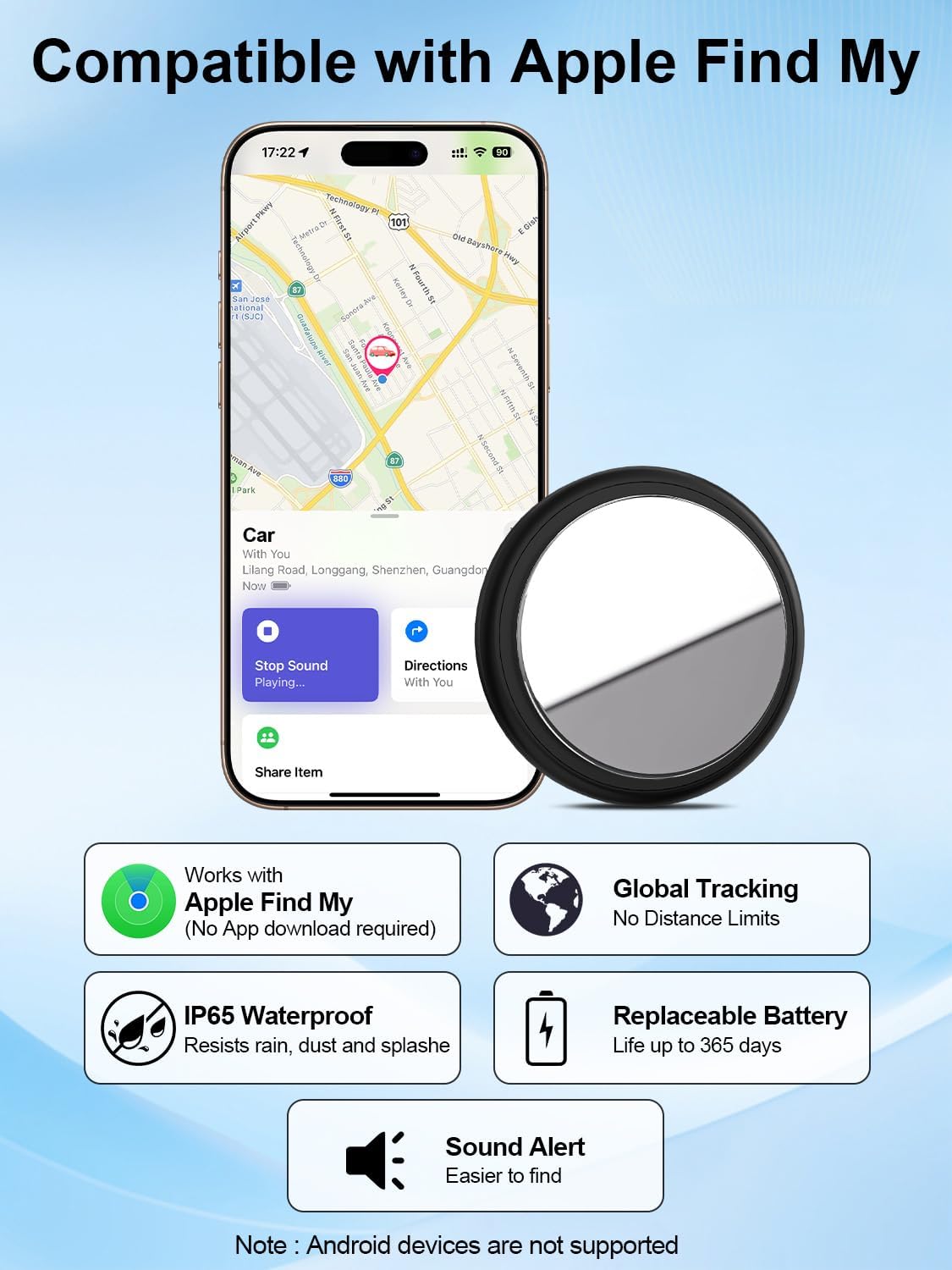 Traceur GPS Voiture Compatible avec Localiser d'A-pple(iOS Uniquement), Localisateurs d'Objets sans Abonnement, Autonomie jusqu'à 365 Jours, Étanchéité IP65, Housse Silicone Magnétique Fournie (Noir)