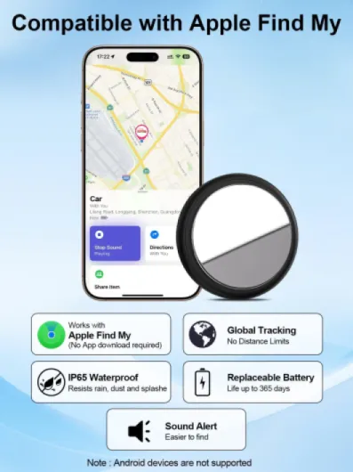 Traceur GPS Voiture Compatible avec Localiser d'A-pple(iOS Uniquement), Localisateurs d'Objets sans Abonnement, Autonomie jusqu'à 365 Jours, Étanchéité IP65, Housse Silicone Magnétique Fournie (Noir)