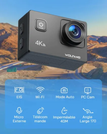 Caméra Sport GA100 4K 30FPS, Caméscope WiFi de 20 MP, Caméra Étanche sous-Marine 40 m avec Double Microphone, télécommande, EIS Anti-Vibration, Batterie 2 x 1050 mAh, Divers Accessoires