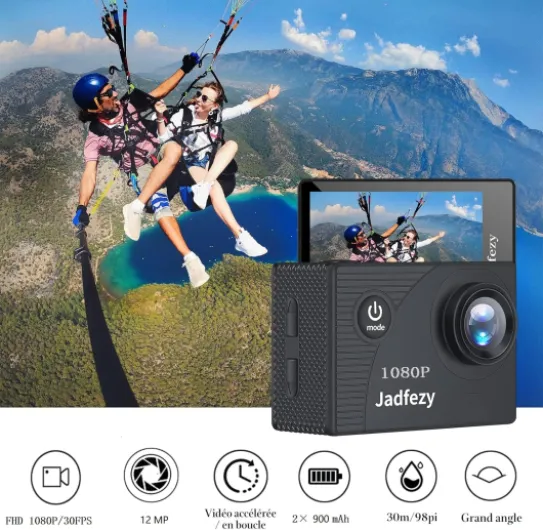 Camera Sport 1080P FHD,Etanche 30M Caméra d'action Grand Angle, avec Deux Piles Rechargeables 900 mAh Caméra Sport et kit d'accessoires (FHD 1080P) A01