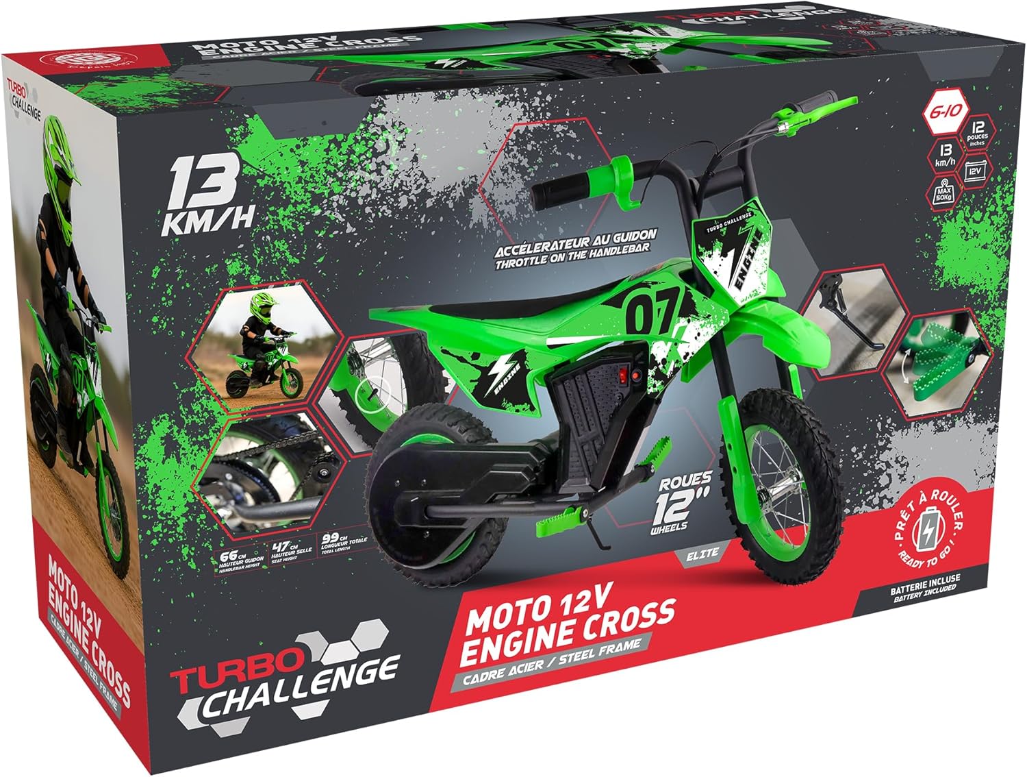 Mini Moto Électrique - 12 Pouces - Porteur Électrique - 50Kg Max - 119345 - Vert - Batterie Rechargeable - 12V 80W - Démarrage au Guidon - Cadeau Anniversaire - Dès 6 Ans