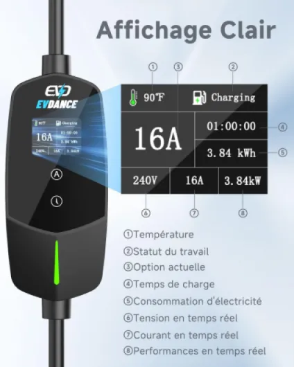 Chargeur Voiture Electrique 3.68KW [1-Phase, 6.1m, 6-16A] avec 0-12h Time Delay, Type 2 Portable Recharge Voiture Electrique Compatible avec PHEV/EV Noir-6,1m