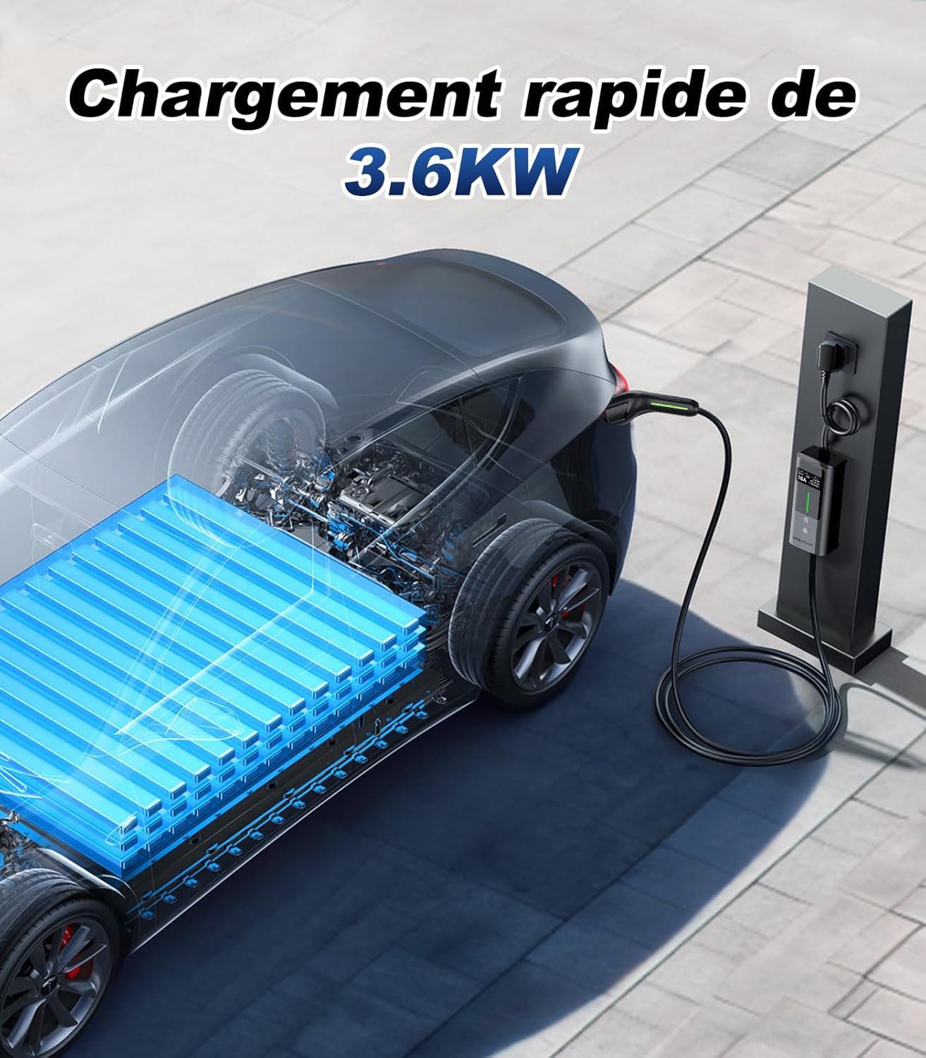 Chargeur Voiture Electrique, 3.6KW EV Chargeur Type 2, Courant réglable 6/8/10/13/16A, 5M Cable Recharge Véhicule Electrique avec EU Schuko, Borne de Recharge Monophasé IP65 (3.68KW-5M)