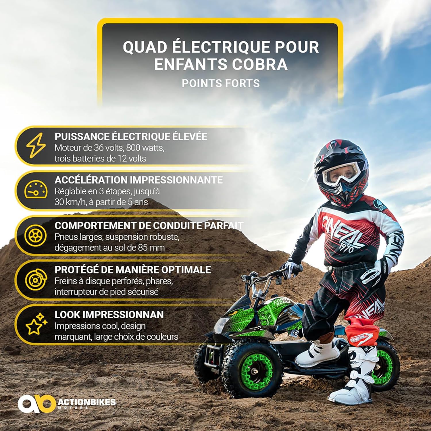 Actionbikes Motors Quad électrique Enfant ATV Cobra - 36 Volts 800 Watts Jusqu’à 24 km/h - Quad Enfant - Pocket Quad - pédale de sécurité Safety Touch - Mini Quad - dès 8 Ans (Vert/Noir)