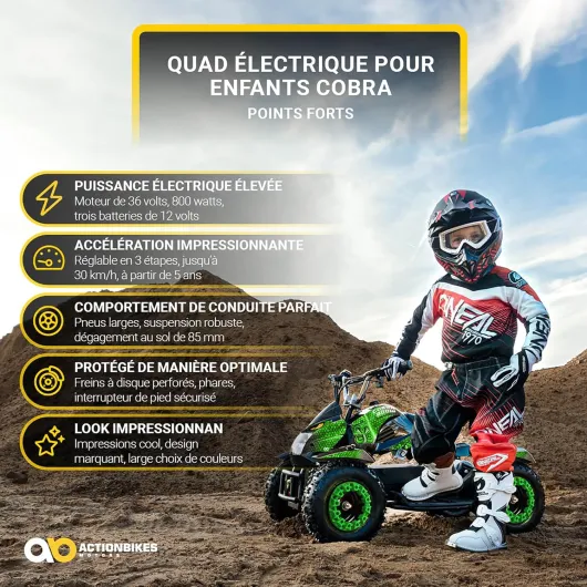 Actionbikes Motors Quad électrique Enfant ATV Cobra - 36 Volts 800 Watts Jusqu’à 24 km/h - Quad Enfant - Pocket Quad - pédale de sécurité Safety Touch - Mini Quad - dès 8 Ans (Vert/Noir)