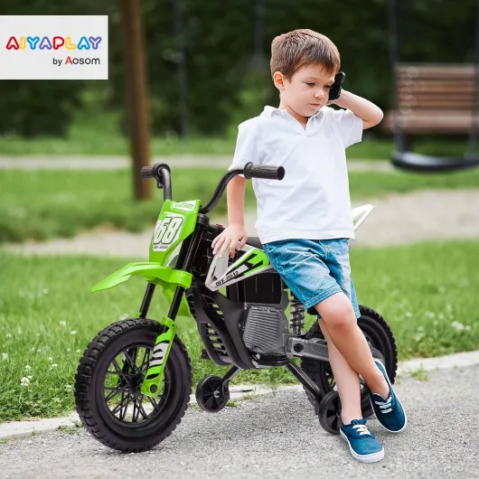 Moto électrique Enfants, Moto Cross pour Enfants, 2 Moteurs 12V Puissant, Vitesse Max - 5 km/h, Roues d'entraînement, système de Suspension, Musique, pour 3 à 6 Ans, Vert