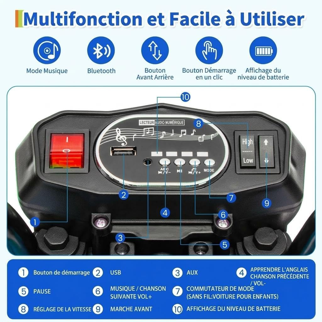 Moto Électrique Enfants avec Remorque et Benne-Pelle, 12V Voiture Électrique Enfants avec Musique et Bluetooth, Tuk-Tuk Électrique Enfant Voyant d'alimentation, LED, USB&AUX, 3+ Ans Bleu