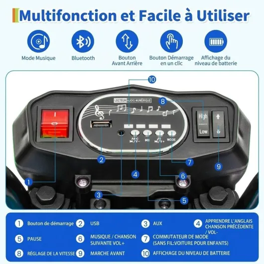 Moto Électrique Enfants avec Remorque et Benne-Pelle, 12V Voiture Électrique Enfants avec Musique et Bluetooth, Tuk-Tuk Électrique Enfant Voyant d'alimentation, LED, USB&AUX, 3+ Ans Bleu