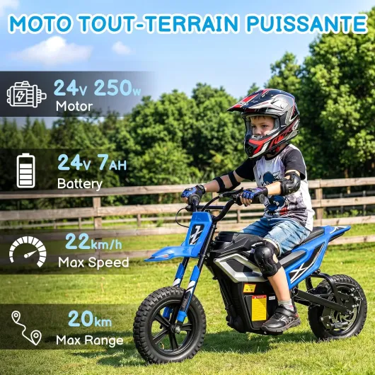 Moto Electrique Enfants 24V 7Ah, 250W Moto Electrique, Autonomie 18 KM, Musique Bluetooth,Moteur hub sans balais Moto Cross Électrique pour Enfants 6-12 Ans (Bleu)