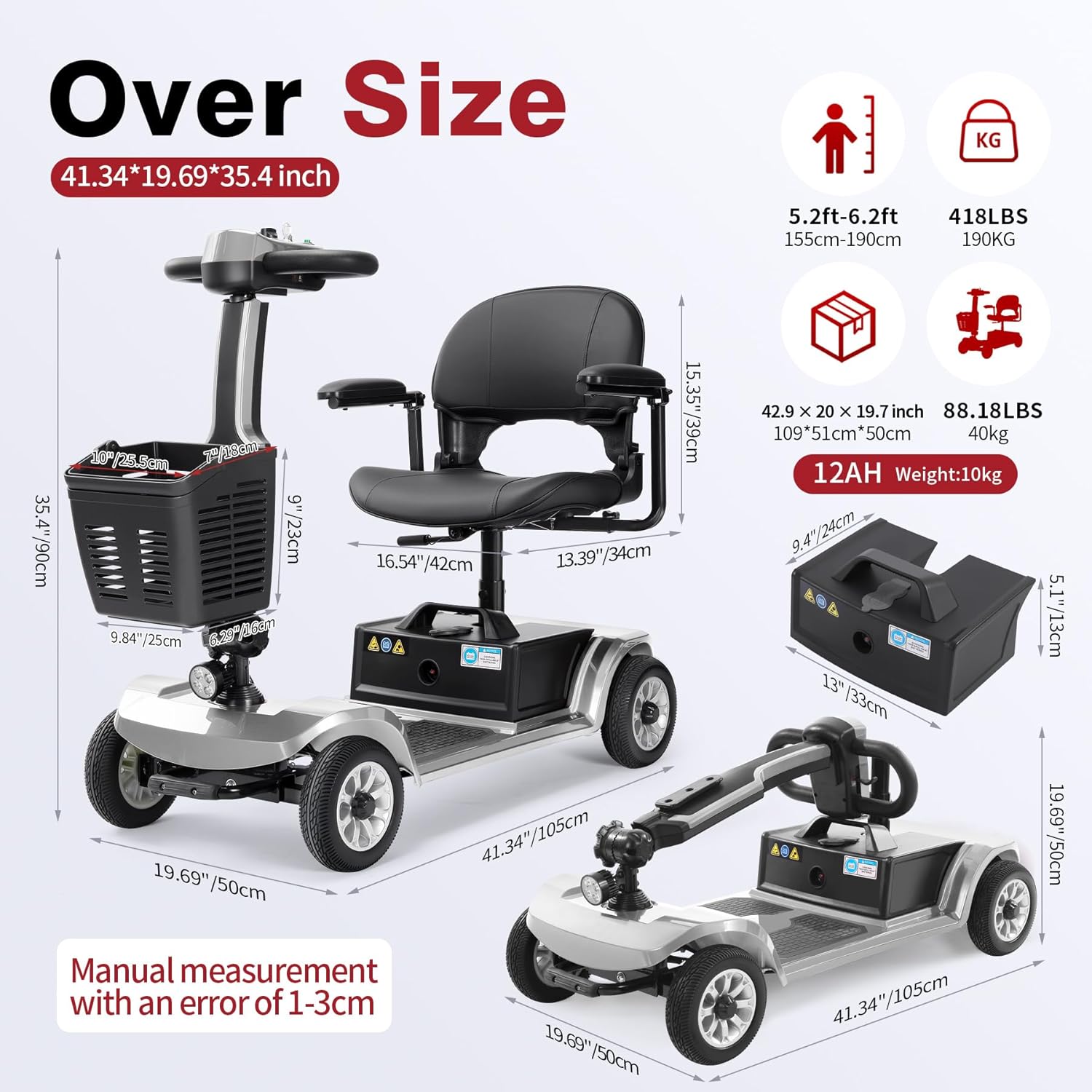 Scooter électrique pour Seniors 22 km Scooter Pliable à 4 Roues avec Panier Batterie légère Capacité de Charge jusqu'à 190 kg Scooter électrique Argent-12ah