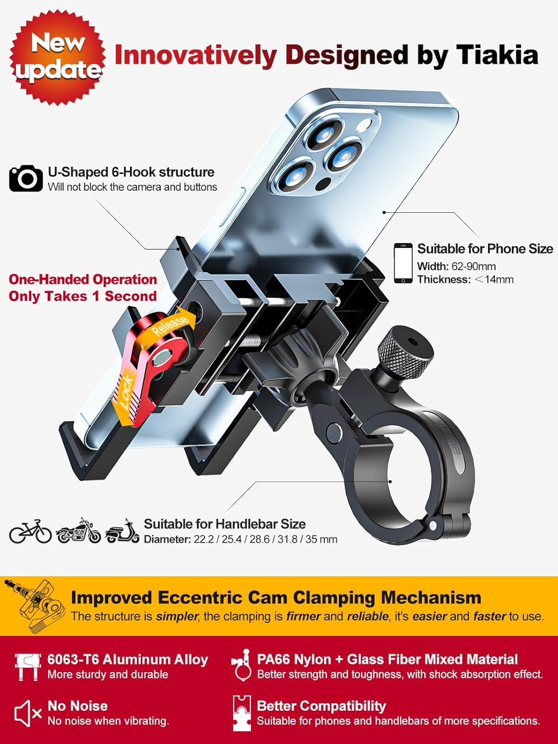 Tiakia Support Téléphone Vélo Support Téléphone Moto Aluminium 6 Griffes Rotatives à 360°, Universel Support de Telephone Velo Installation sans Outil pour Les Téléphones 4,5-7,0 Pouces Noir/rouge