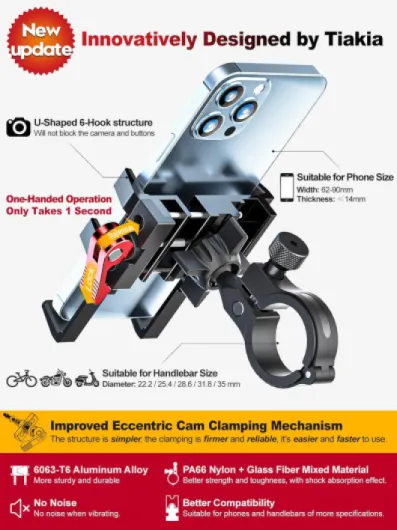 Tiakia Support Téléphone Vélo Support Téléphone Moto Aluminium 6 Griffes Rotatives à 360°, Universel Support de Telephone Velo Installation sans Outil pour Les Téléphones 4,5-7,0 Pouces Noir/rouge