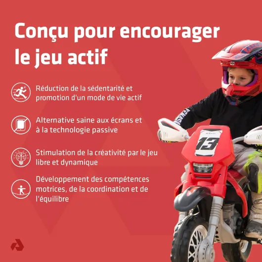 Moto Électrique Enfant 12V Thunder Max VX – Moto Cross pour Enfants 3 à 6 Ans, 6 km/h, Accélérateur au Poignet, Frein Électrique, Roues Stabilisatrices, Rouge