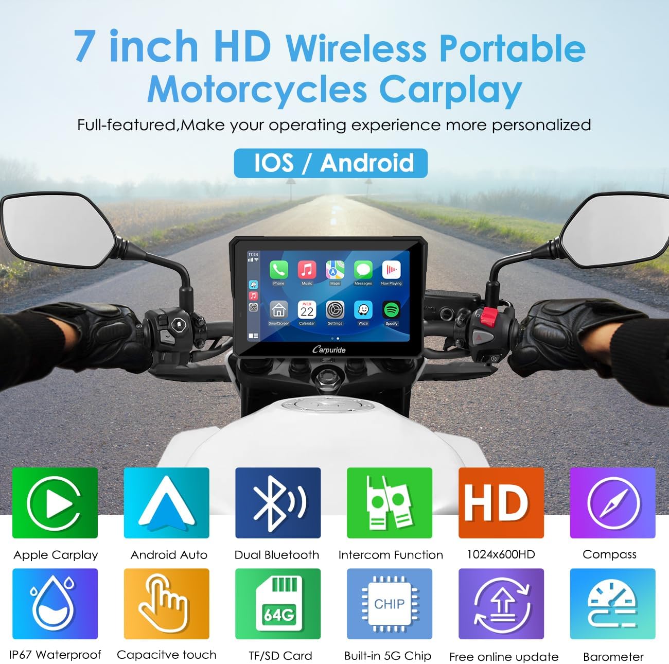 W702 Pro Moto Carplay Écran avec Interphone Fonction, sans Fil Carplay et Android Auto, 7 Pouces Portable écran Tactile étanche, Amélioré Double Bluetooth, Navigation, Boussole, Baromètre.
