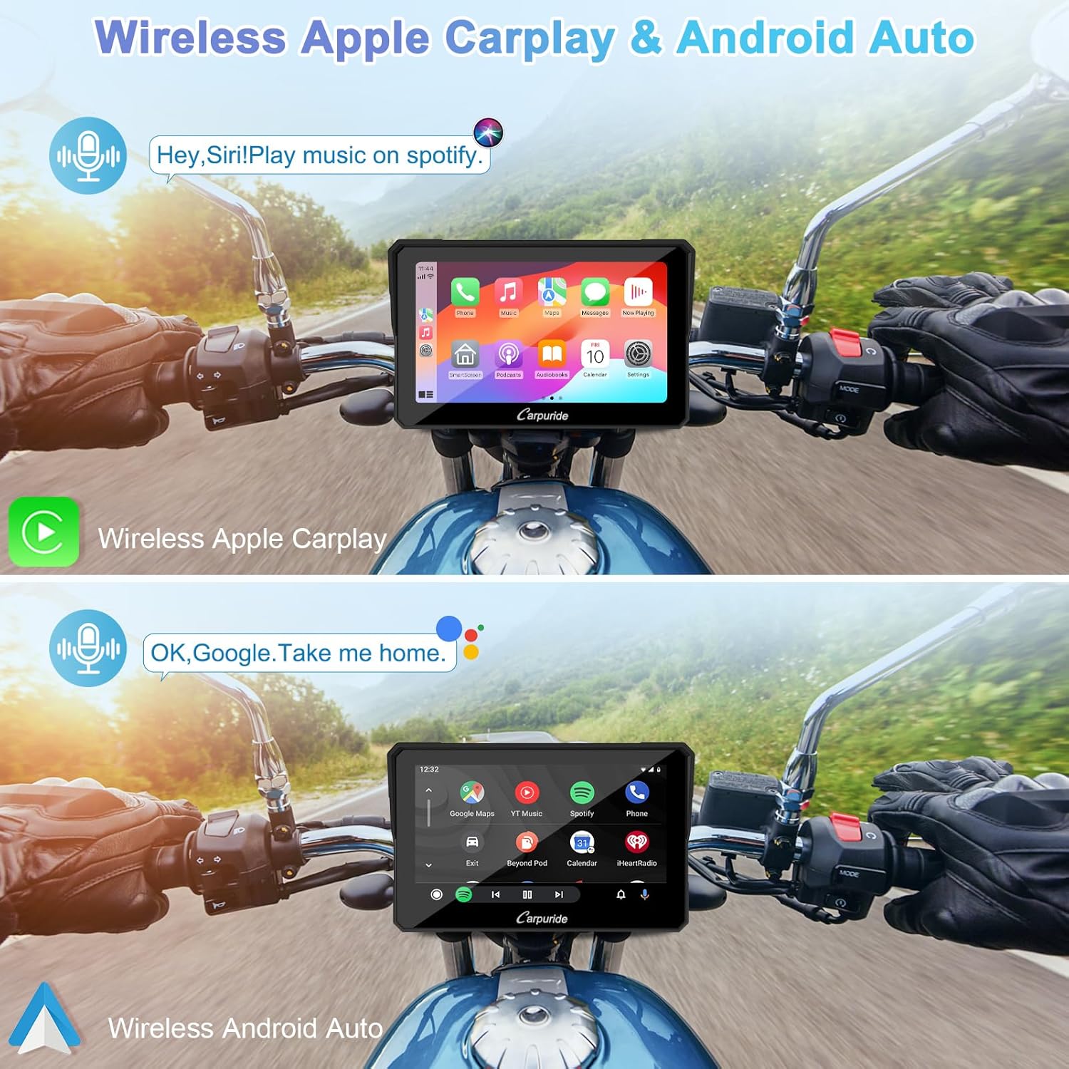 W702 Moto Carplay Écran sans Fil CarPlay et Android Auto 7 Pouces - Portable Écran tactile étanche, Bluetooth Trans, Navigation GPS, Siri.