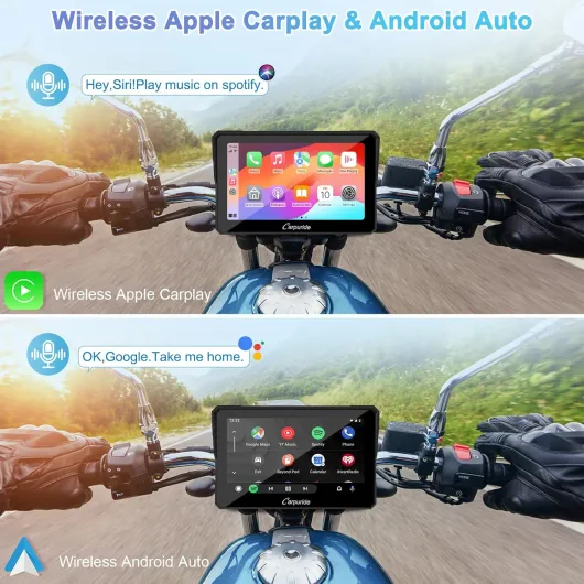 W702 Moto Carplay Écran sans Fil CarPlay et Android Auto 7 Pouces - Portable Écran tactile étanche, Bluetooth Trans, Navigation GPS, Siri.