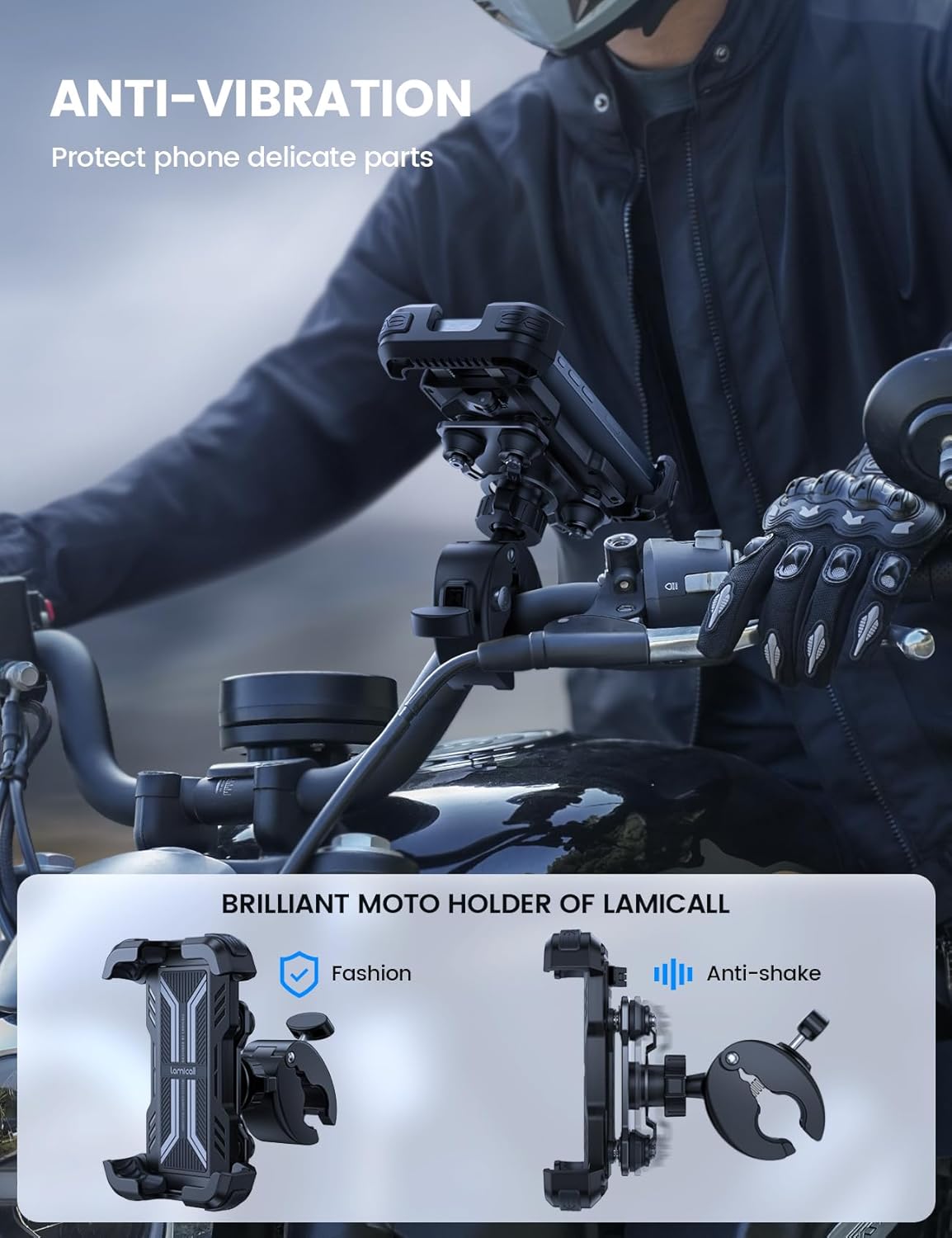 Support Téléphone Moto Anti-vibration - [Double Amortisseur] 360° Rotation, 1S Libération avec Un Bouton, Support Téléphone Vélo pour iPhone 17 16 15 14 13 Series, Huawei, 4,7-6,8" Smartphone Noir