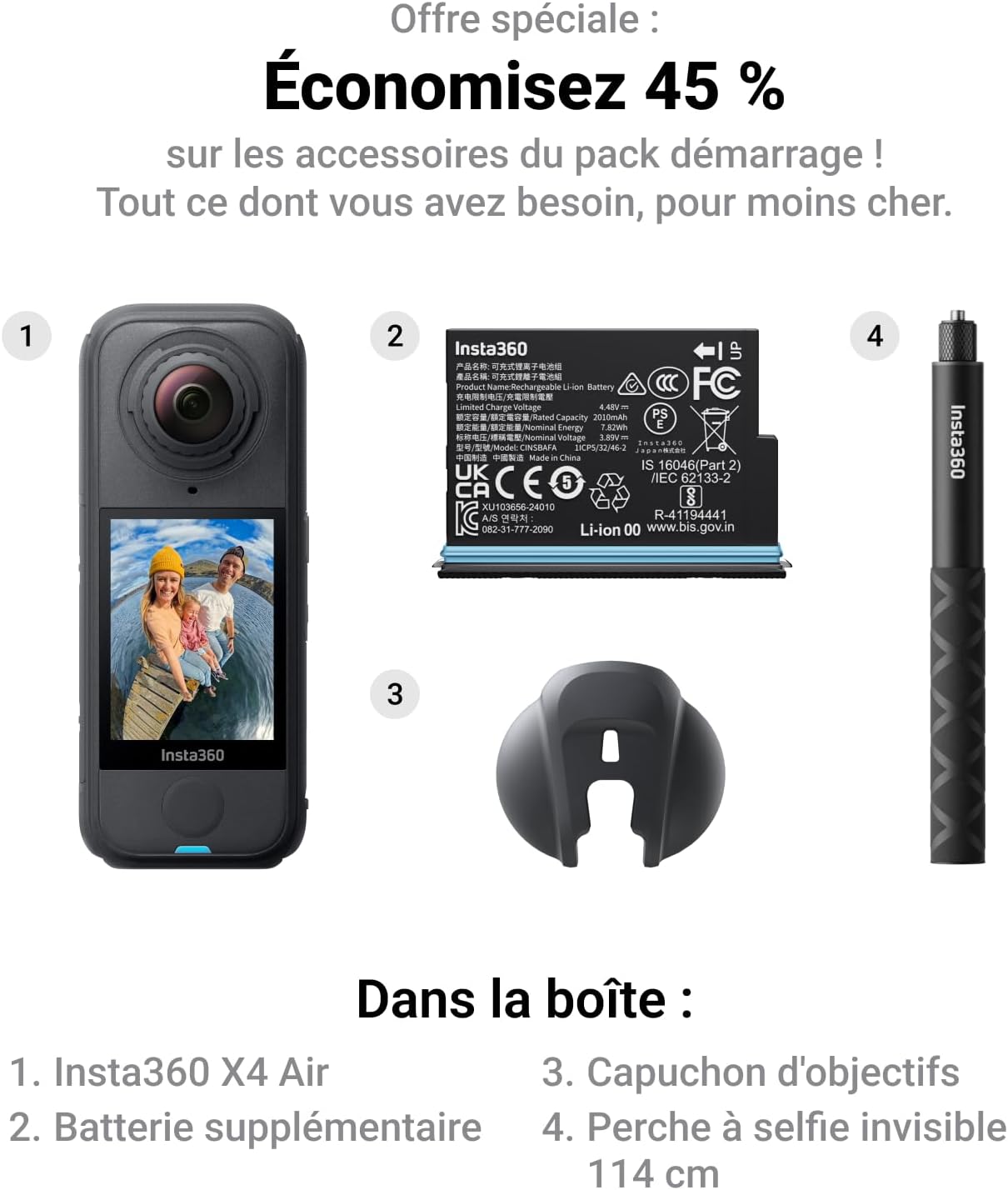 X4 Air Pack démarrage Noir Graphite - Caméra 360 8K, Appareil Photo vidéo étanche léger 165g, Perche à Selfie Invisible, objectifs remplaçables, Pare-Vent, dashcam pour vlog, Moto Noir Graphite Pack démarrage