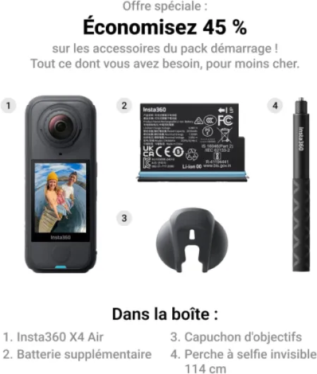X4 Air Pack démarrage Noir Graphite - Caméra 360 8K, Appareil Photo vidéo étanche léger 165g, Perche à Selfie Invisible, objectifs remplaçables, Pare-Vent, dashcam pour vlog, Moto Noir Graphite Pack démarrage