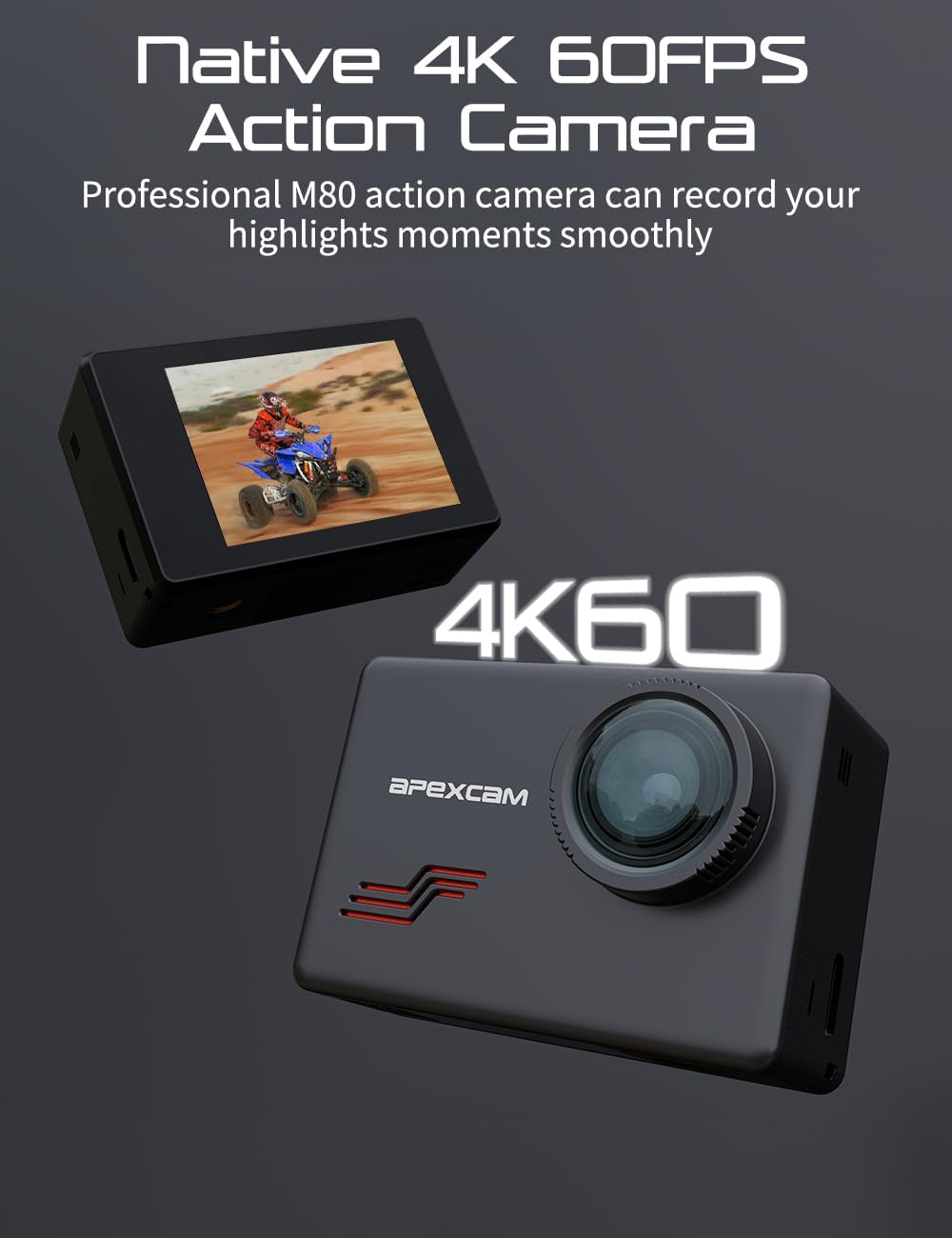 M80 Caméra Sport 4K Stabilisateur 60FPS Action cam avec Carte 64GB Photo 48MP Camera Étanche 40M avec EIS 8X Zoom 170° Grand Angle avec Kits d'accessoires pour Aventures M80 avec 64GB