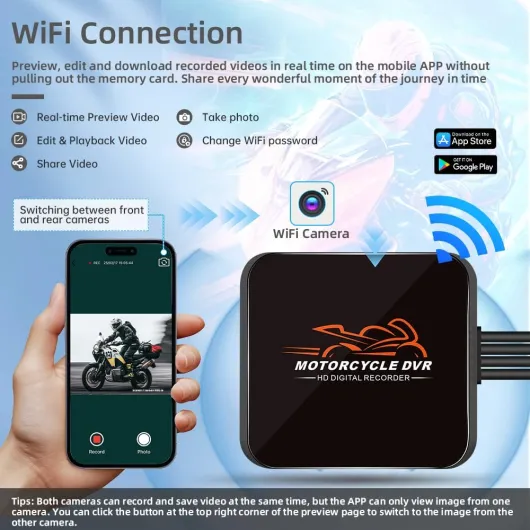 Caméra de Tableau de Bord pour Moto Objectif Grand Angle 130 °, Double caméra 1080p Avant et Arrière, sans Écran, WiFi, Vision Nocturne, Capteur G, Enregistrement en Boucle (Orange)