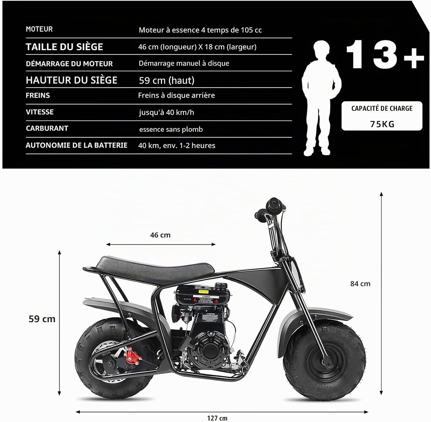 ORYXEARTH 105CC Mini Moto 4 Temps Pocket Bike Dirt Bike, Moto Cross Enfant, Benzin Haute Performance, Pneus Larges Tout-Terrain, Motocross, Autocollants DIY à Partir de 13 Ans (Noir)
